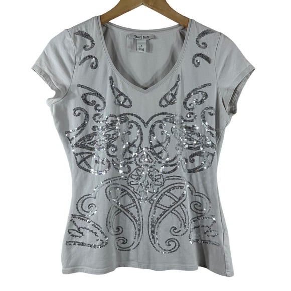 White House Black Market Women's Top Gray‎ Cotton Sequin Short Sleeve Y2K Size S - Picture 1 of 7